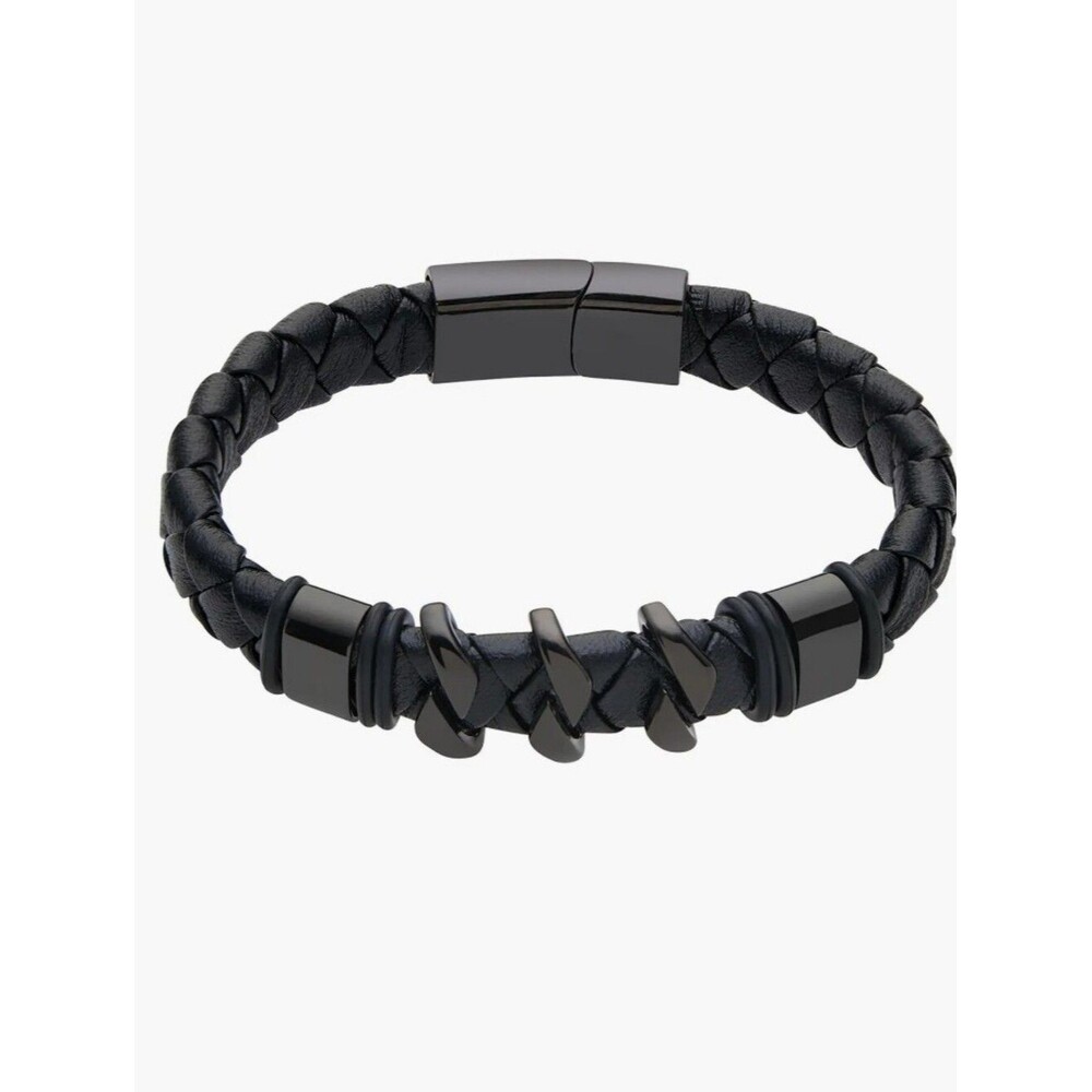 Braided Black Leather & Gunmetal Bracelet